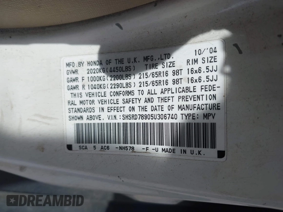 2005 Honda CR-V EX SE with VIN SHSRD78905U306740, listed as a IAAI auction lot 42163785 with 1 mi miles. Bid and sale history available at carsss.com. Image 9.
