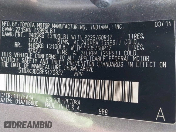 2014 Toyota Sienna L with VIN 5TDZK3DC8ES470837, listed as a IAAI auction lot 42426844 with 302,661 mi miles and . Bid and sale history available at DreamBid. Image 9.
