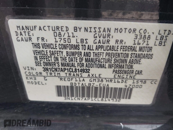 2012 Nissan Versa SV с VIN 3N1CN7AP1CL814932, выставлен на аукционе IAAI как лот 42272722 с пробегом 137 349 миль миль и . История ставок и продаж доступна на DreamBid. Изображение 9.