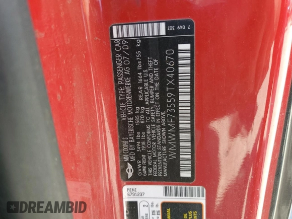 2009 MINI Hardtop S z VIN WMWMF73559TX40670, wystawiony jako Copart lot #62862795 z przebiegiem Nie podano mil oraz Czysty tytuł • Clean title. Historia ofert i sprzedaży dostępna na DreamBid. Obrazek 13.
