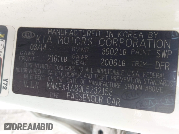 2014 Kia Forte EX with VIN KNAFX4A89E5232153, listed as a IAAI auction lot 41902512 with 133,978 mi miles. Bid and sale history available at carsss.com. Image 9.