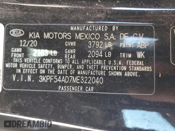 2021 Kia Forte EX with VIN 3KPF54AD7ME322040, listed as a Copart auction lot 79508634 with 60,686 mi miles and Salvage Title. Bid and sale history available at DreamBid. Image 12.