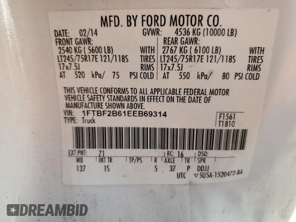 2014 Ford F-250 XL with VIN 1FTBF2B61EEB69314, listed as a Copart auction lot 57801965 with 165,016 mi miles and Salvage title. Bid and sale history available at DreamBid. Image 12.