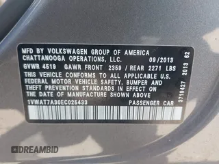 2014 Volkswagen Passat S with VIN 1VWAT7A30EC025433, listed as a IAAI auction lot 42197150 with 141,276 mi miles and . Bid and sale history available at DreamBid. Image 9.