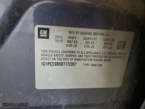 2013 Chevrolet Cruze 1LT with VIN 1G1PC5SB8D7172087, listed as a Copart auction lot 48195455 with 218,242 mi miles and Salvage Title. Bid and sale history available at carsss.com. Image 12.