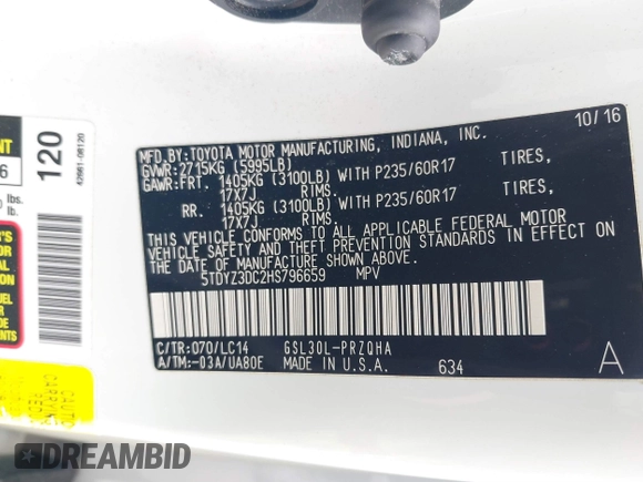 2017 Toyota Sienna XLE Auto Access Seat with VIN 5TDYZ3DC2HS796659, listed as a IAAI auction lot 41770444 with 129,628 mi miles. Bid and sale history available at carsss.com. Image 9.