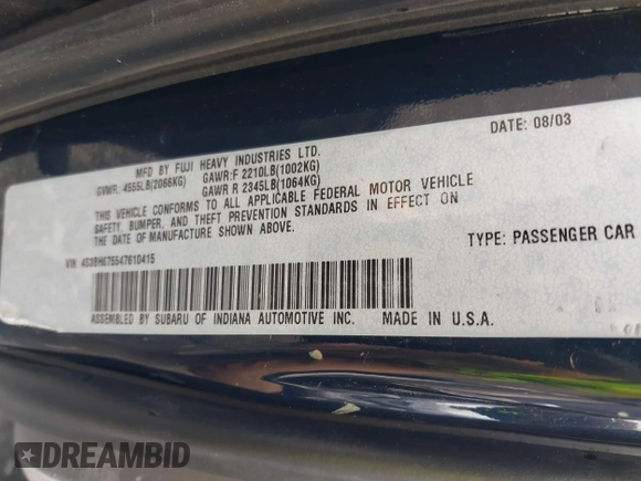 2004 Subaru Legacy Outback z VIN 4S3BH675547610415, wystawiony jako IAAI lot #42066634 z przebiegiem 228 972 mil mil oraz . Historia ofert i sprzedaży dostępna na DreamBid. Obrazek 9.