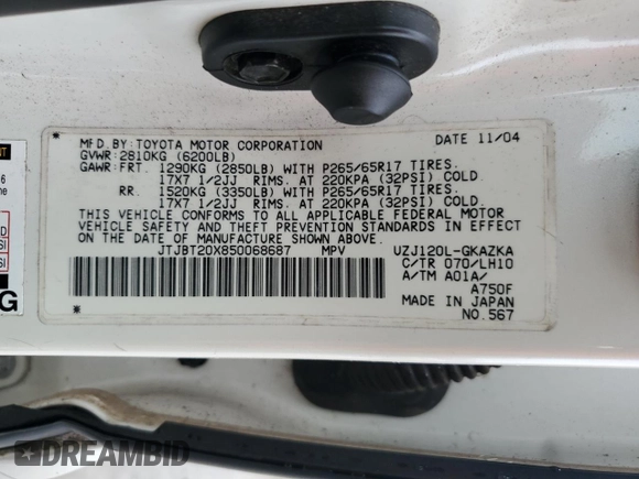 2005 Lexus GX with VIN JTJBT20X850068687, listed as a Copart auction lot 51453805 with 182,838 mi miles and Salvage Title. Bid and sale history available at carsss.com. Image 13.
