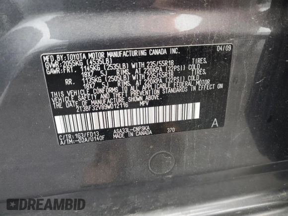 2009 Toyota RAV4 Sport with VIN 2T3BF32V89W012116, listed as a Copart auction lot 54389245 with 141,050 mi miles and Salvage title. Bid and sale history available at DreamBid. Image 13.