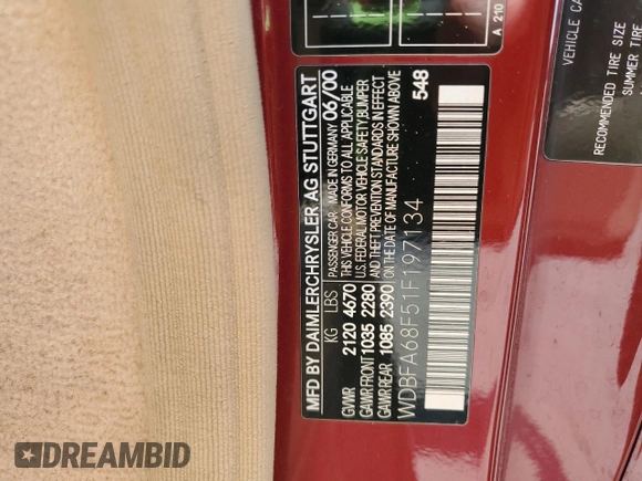 2001 Mercedes-Benz SL 500 with VIN WDBFA68F51F197134, listed as a Copart auction lot 55603755 with 115,826 mi miles and Salvage title. Bid and sale history available at DreamBid. Image 12.