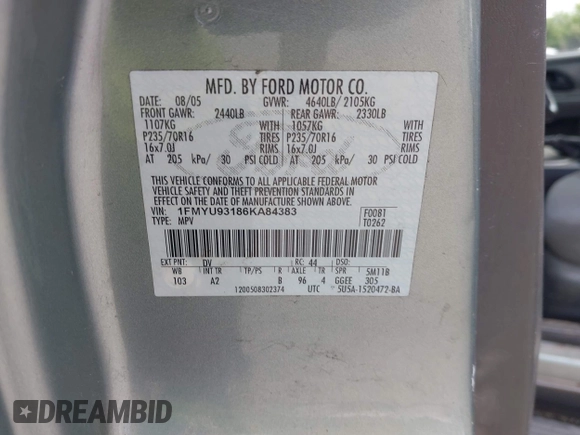 2006 Ford Escape XLT with VIN 1FMYU93186KA84383, listed as a IAAI auction lot 42218782 with 216,521 mi miles and . Bid and sale history available at DreamBid. Image 9.