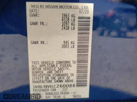 2020 Nissan Altima S with VIN 1N4BL4BVXLC260088, listed as a Copart auction lot 49124085 with 32,889 mi miles and Salvage Title. Bid and sale history available at carsss.com. Image 12.