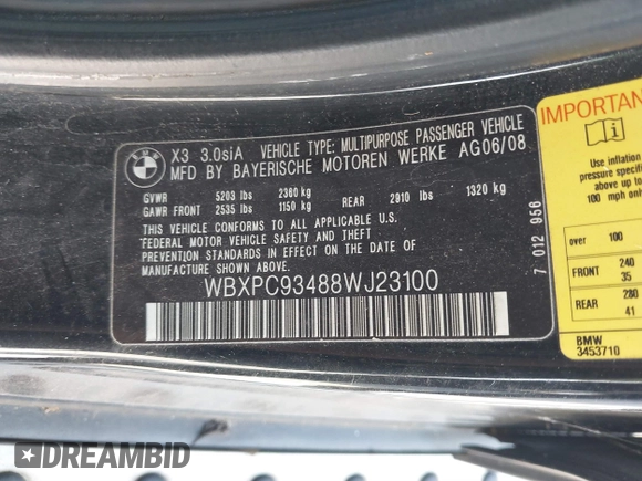 2008 BMW X3 3.0si with VIN WBXPC93488WJ23100, listed as a IAAI auction lot 40859491 with 331,231 mi miles. Bid and sale history available at carsss.com. Image 9.