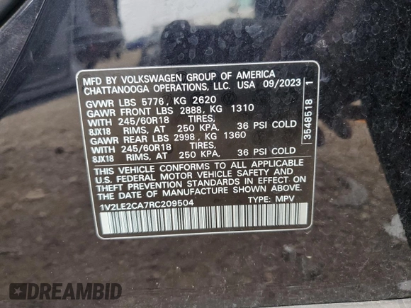 2024 Volkswagen Atlas SE с VIN 1V2LE2CA7RC209504, выставлен на аукционе Copart как лот 59757025 с пробегом 26 334 миль миль и Списание • Salvage title. История ставок и продаж доступна на DreamBid. Изображение 14.
