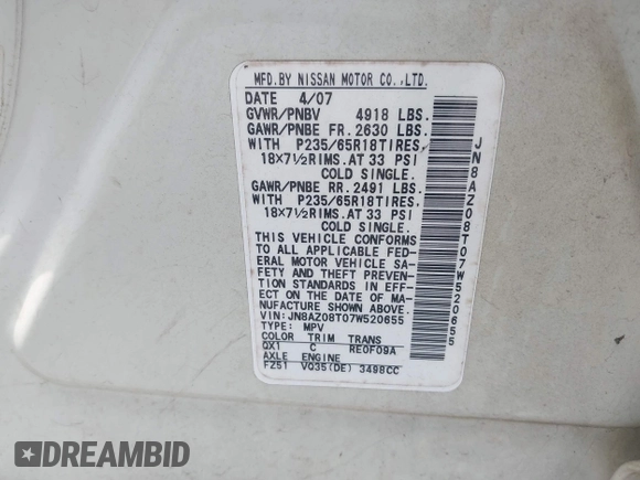 2007 Nissan Murano SL с VIN JN8AZ08T07W520655, выставлен на аукционе IAAI как лот 42292801 с пробегом 127 445 миль миль и . История ставок и продаж доступна на DreamBid. Изображение 9.