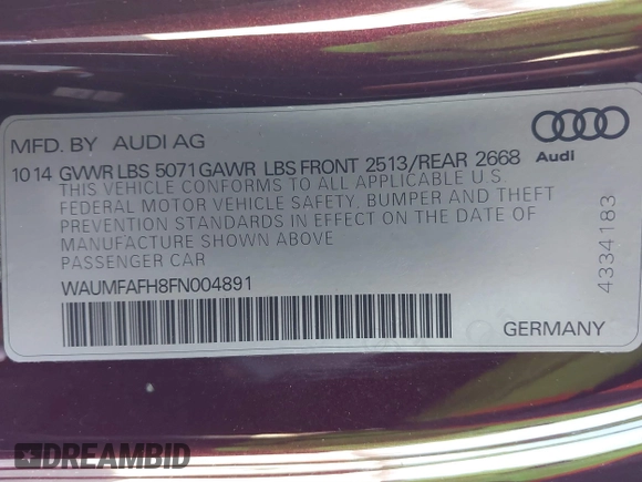 2015 Audi A5 Premium Plus z VIN WAUMFAFH8FN004891, wystawiony jako IAAI lot #41658692 z przebiegiem 179 527 mil mil oraz . Historia ofert i sprzedaży dostępna na DreamBid. Obrazek 9.