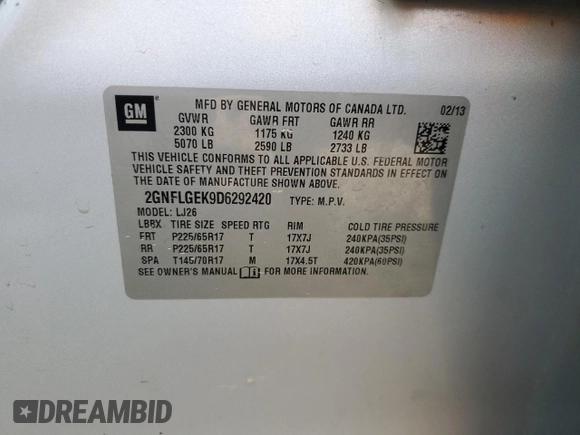 2013 Chevrolet Equinox LTZ with VIN 2GNFLGEK9D6292420, listed as a Copart auction lot 51507305 with Not Provided miles and Salvage Title. Bid and sale history available at carsss.com. Image 13.