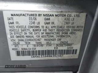 2006 Nissan Altima S with VIN 1N4AL11D46N392467, listed as a IAAI auction lot 41605074 with 96,987 mi miles and . Bid and sale history available at DreamBid. Image 9.