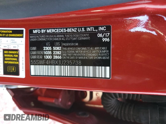 2018 Mercedes-Benz C 350e with VIN 55SWF4HBXJU235738, listed as a Copart auction lot 60410875 with 84,142 mi miles and Clean title. Bid and sale history available at DreamBid. Image 12.