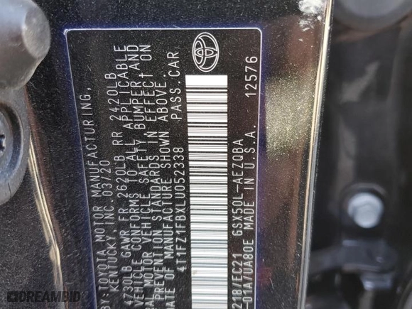 2020 Toyota Avalon XSE with VIN 4T1FZ1FBXLU052338, listed as a Copart auction lot 82623154 with 0 mi miles and Salvage Title. Bid and sale history available at carsss.com. Image 12.