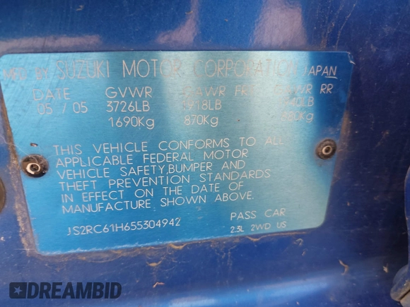 2005 Suzuki Aerio SX z VIN JS2RC61H655304942, wystawiony jako IAAI lot #42409409 z przebiegiem 212 440 mil mil oraz . Historia ofert i sprzedaży dostępna na DreamBid. Obrazek 9.