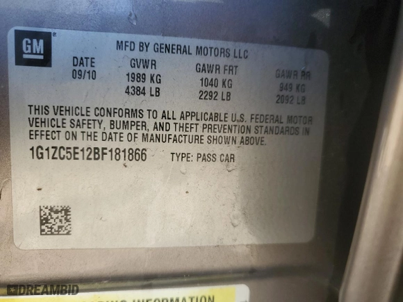 2011 Chevrolet Malibu LT w/1LT with VIN 1G1ZC5E12BF181866, listed as a Copart auction lot 48371955 with 200,691 mi miles and Salvage Title. Bid and sale history available at carsss.com. Image 12.