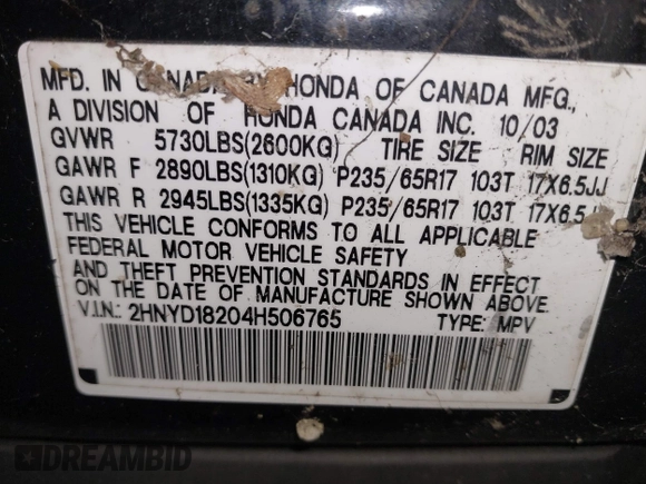 2004 Acura MDX with VIN 2HNYD18204H506765, listed as a IAAI auction lot 41752226 with 195,733 mi miles. Bid and sale history available at carsss.com. Image 9.