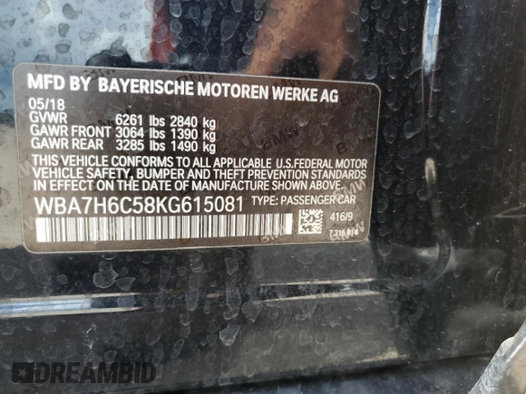 2019 BMW 7 Series M760i xDrive with VIN WBA7H6C58KG615081, listed as a Copart auction lot 59361704 with 92,769 mi miles and Salvage Title. Bid and sale history available at carsss.com. Image 12.