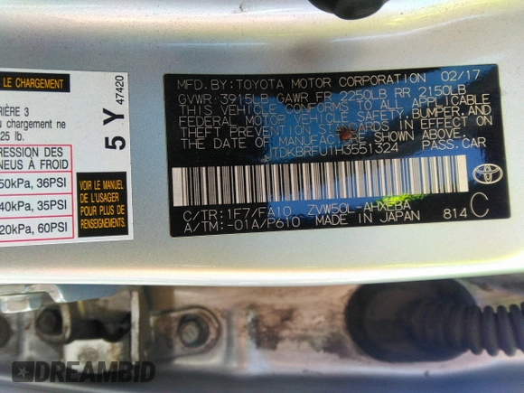 2017 Toyota Prius Two z VIN JTDKBRFU1H3551324, wystawiony jako IAAI lot #41893385 z przebiegiem 305 445 mil mil oraz . Historia ofert i sprzedaży dostępna na DreamBid. Obrazek 9.