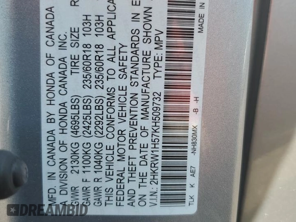 2019 Honda CR-V EX with VIN 2HKRW1H57KH509732, listed as a Copart auction lot 53638405 with 77,209 mi miles and Salvage Title. Bid and sale history available at carsss.com. Image 13.