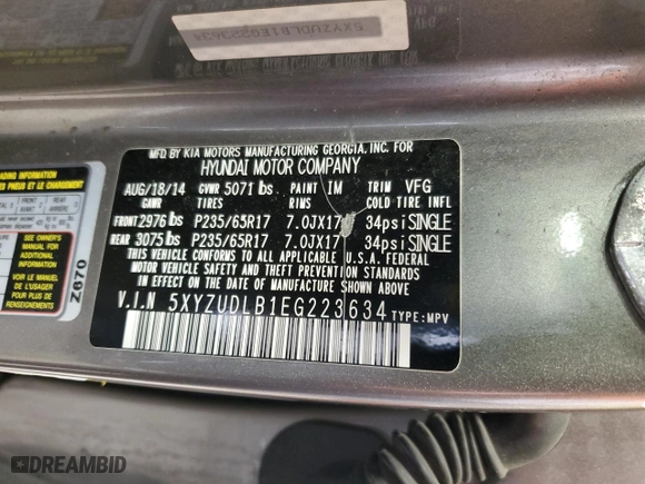 2014 Hyundai Santa Fe Sport with VIN 5XYZUDLB1EG223634, listed as a Copart auction lot 49427795 with 200,050 mi miles and Salvage Title. Bid and sale history available at carsss.com. Image 14.