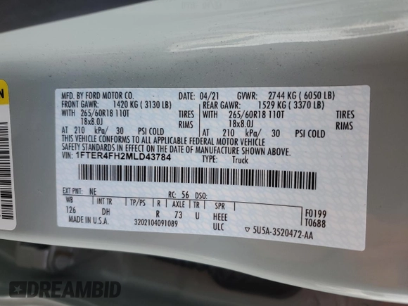 2021 Ford Ranger XL with VIN 1FTER4FH2MLD43784, listed as a Copart auction lot 46922955 with 34,627 mi miles and Salvage Title. Bid and sale history available at DreamBid. Image 14.