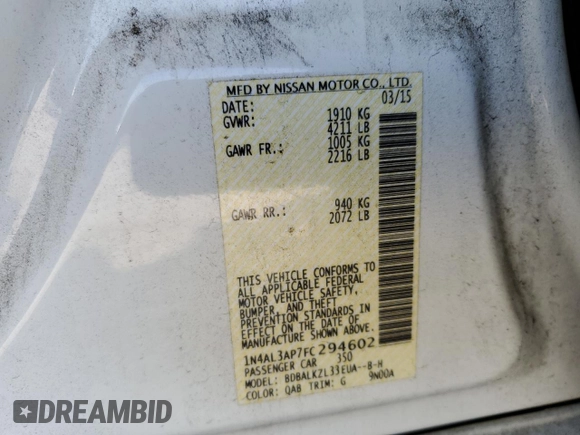 2015 Nissan Altima SV with VIN 1N4AL3AP7FC294602, listed as a Copart auction lot 50969635 with 210,886 mi miles and Salvage Title. Bid and sale history available at DreamBid. Image 14.