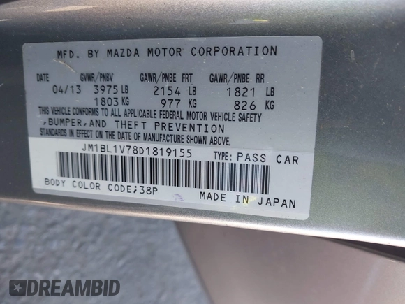 2013 Mazda 3 i Touring with VIN JM1BL1V78D1819155, listed as a IAAI auction lot 42130610 with 118,441 mi miles and . Bid and sale history available at DreamBid. Image 9.