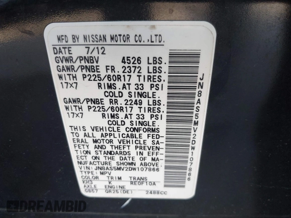 2013 Nissan Rogue S with VIN JN8AS5MV2DW107866, listed as a IAAI auction lot 40506292 with 75,954 mi miles and . Bid and sale history available at DreamBid. Image 9.