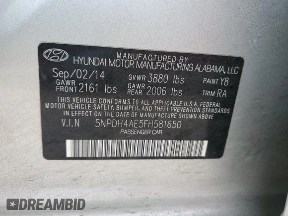 2015 Hyundai Elantra SE z VIN 5NPDH4AE5FH581650, wystawiony jako Copart lot #43811385 z przebiegiem 152 007 mil mil oraz Szkody całkowita. Historia ofert i sprzedaży dostępna na DreamBid. Obrazek 12.