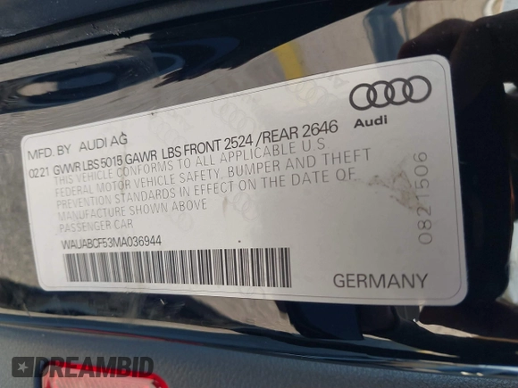 2021 Audi A5 Sportback Premium with VIN WAUABCF53MA036944, listed as a IAAI auction lot 38746591 with 35,881 mi miles. Bid and sale history available at carsss.com. Image 9.