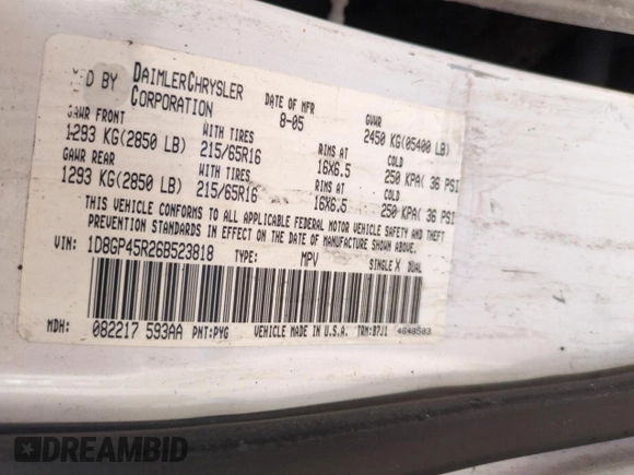 2006 Dodge Caravan SXT with VIN 1D8GP45R26B523818, listed as a Copart auction lot 63150435 with Not provided miles and Non repairable. Bid and sale history available at DreamBid. Image 12.