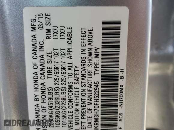 2015 Honda CR-V EX-L with VIN 2HKRM3H70FH522945, listed as a Copart auction lot 55135525 with 79,436 mi miles and Salvage Title. Bid and sale history available at DreamBid. Image 13.