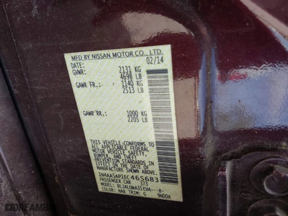 2014 Nissan Maxima 3.5 S with VIN 1N4AA5AP1EC465683, listed as a IAAI auction lot 41981572 with 199,368 mi miles. Bid and sale history available at carsss.com. Image 9.