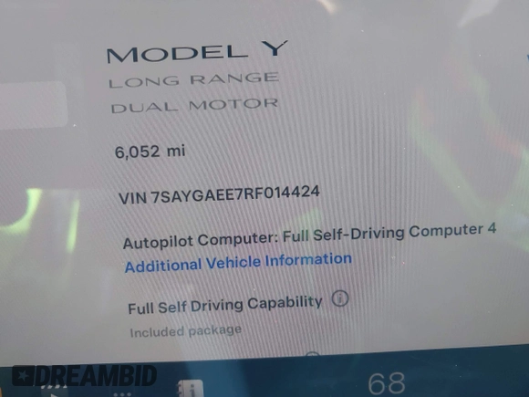 2024 Tesla Model Y Long Range with VIN 7SAYGAEE7RF014424, listed as a IAAI auction lot 41402098 with 6,052 mi miles and . Bid and sale history available at DreamBid. Image 7.