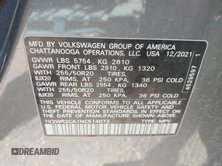 2022 Volkswagen Atlas SE with VIN 1V2WR2CA1NC514072, listed as a IAAI auction lot 42071153 with 53,879 mi miles and . Bid and sale history available at DreamBid. Image 9.