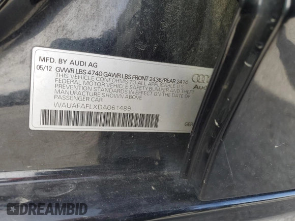 2013 Audi A4 Premium with VIN WAUAFAFLXDA061489, listed as a Copart auction lot 45212555 with 136,410 mi miles and Salvage Title. Bid and sale history available at carsss.com. Image 13.