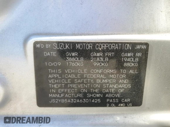 2010 Suzuki SX4 z VIN JS2YB5A32A6301425, wystawiony jako Copart lot #82424274 z przebiegiem Nie podano mil oraz Nie do naprawy. Historia ofert i sprzedaży dostępna na DreamBid. Obrazek 14.