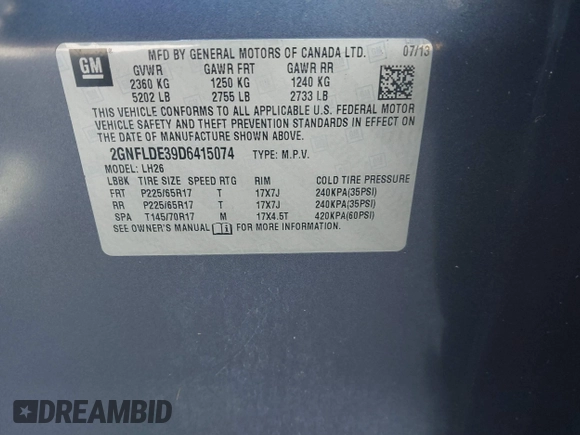 2013 Chevrolet Equinox LT with VIN 2GNFLDE39D6415074, listed as a IAAI auction lot 41270552 with Not Provided miles and . Bid and sale history available at DreamBid. Image 9.