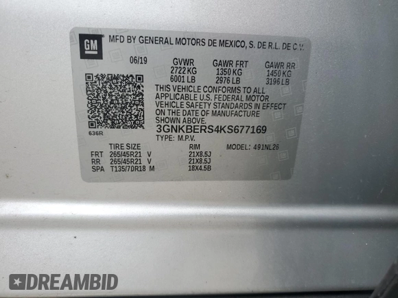 2019 Chevrolet Blazer RS with VIN 3GNKBERS4KS677169, listed as a Copart auction lot 52963595 with 112,059 mi miles and Salvage title. Bid and sale history available at DreamBid. Image 12.