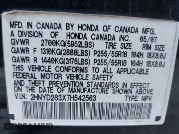 2007 Acura MDX Tech Pkg with VIN 2HNYD283X7H542563, listed as a IAAI auction lot 42122053 with 162,933 mi miles. Bid and sale history available at carsss.com. Image 9.