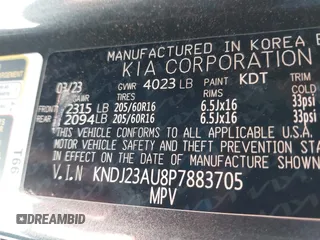 2023 Kia Soul LX with VIN KNDJ23AU8P7883705, listed as a IAAI auction lot 42212658 with 43,707 mi miles and . Bid and sale history available at DreamBid. Image 9.