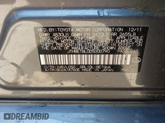 2013 Lexus GS 350 with VIN JTHBE1BL0D5000790, listed as a IAAI auction lot 42414239 with 154,623 mi miles and . Bid and sale history available at DreamBid. Image 9.