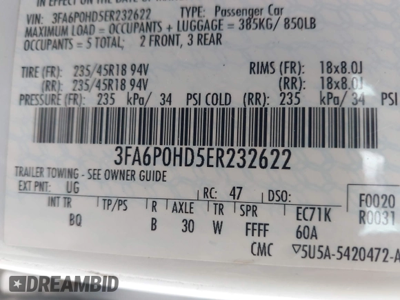 2014 Ford Fusion SE with VIN 3FA6P0HD5ER232622, listed as a IAAI auction lot 41998936 with 133,832 mi miles and . Bid and sale history available at DreamBid. Image 9.